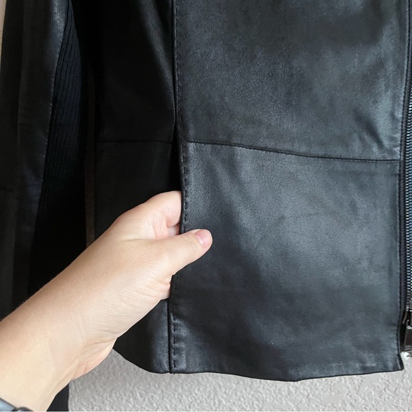 VINCE Size Large Goat Leather Moto Jacket Black wool knit panel Scuba neck NWOT - Picture 7 of 13